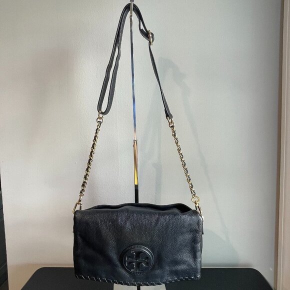 Tory Burch Whipstitch Pebbled Leather Foldover Crossbody Bag - Black - Preowned - Picture 1 of 8